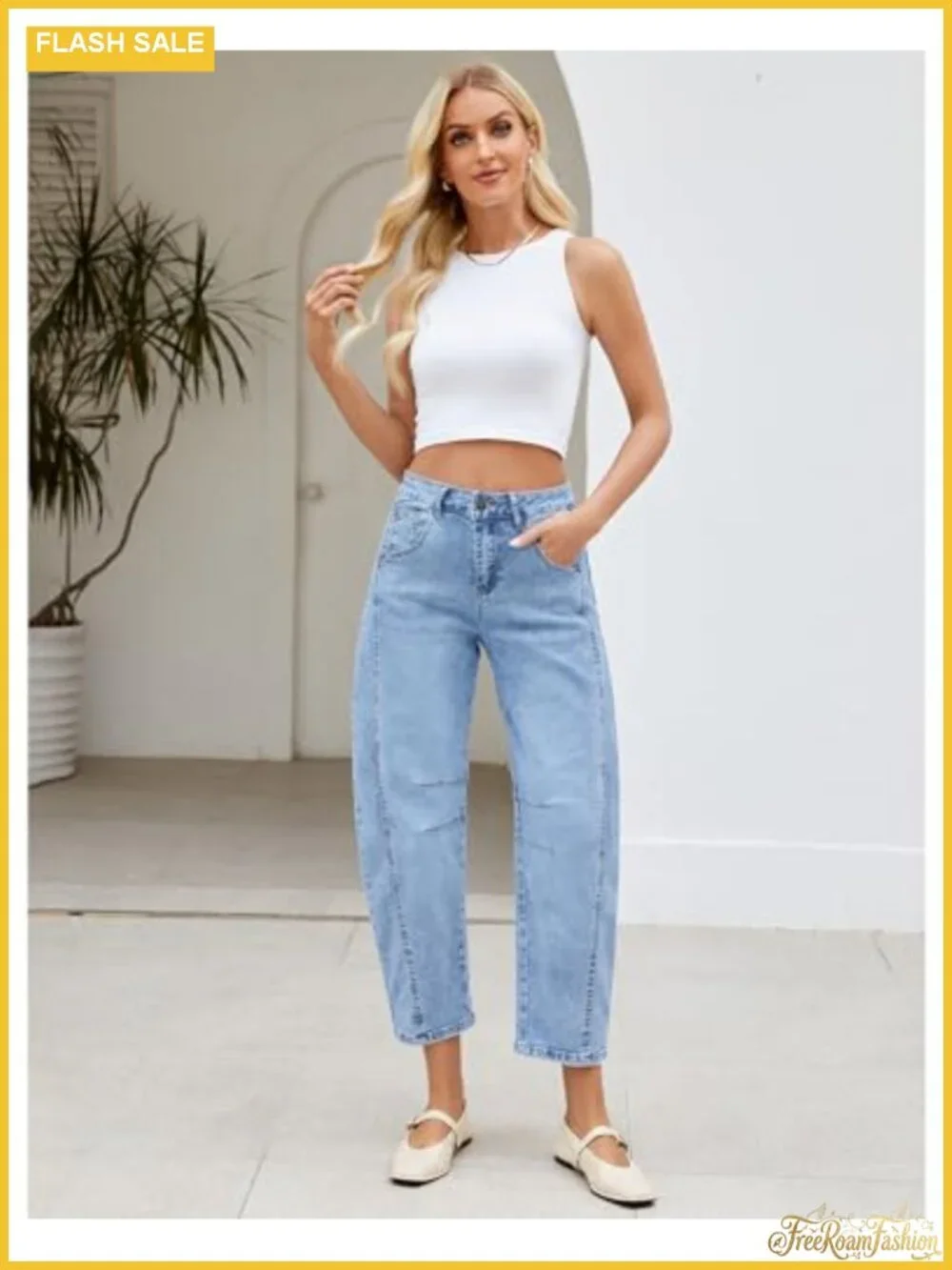 High Waisted Cropped Wide Leg Barrel Jeans Distressed Stretchy Denim